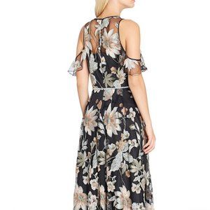 Tahari ASL Cold Shoulder Floral Print Embroidered Dress